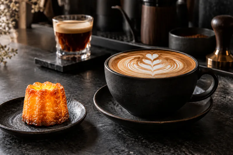 Illustrative latte-art coffee in a black ceramic cup beside a light golden canelé